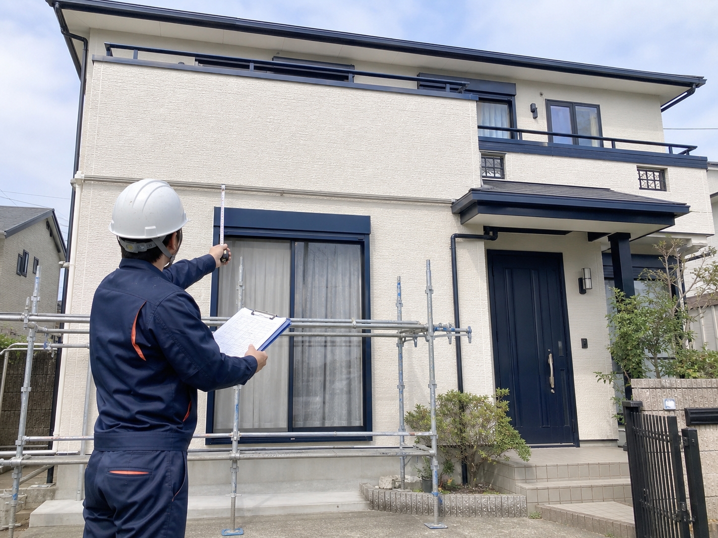 住宅の外壁を確認しながら計測を行う現地調査のサンプルイメージ
